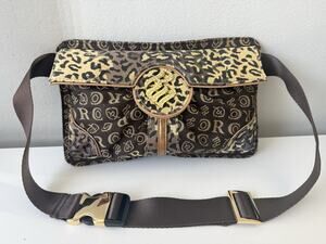 Y2K Rocawear Leopard Print Belt Bag Brown Monogram Waist Bag Rhinestone Logo